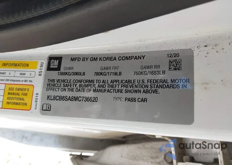 2021 Chevrolet Spark Fwd Ls Automatic z USA, uszkodzony, nr VIN KL8CB6SA8MC736620